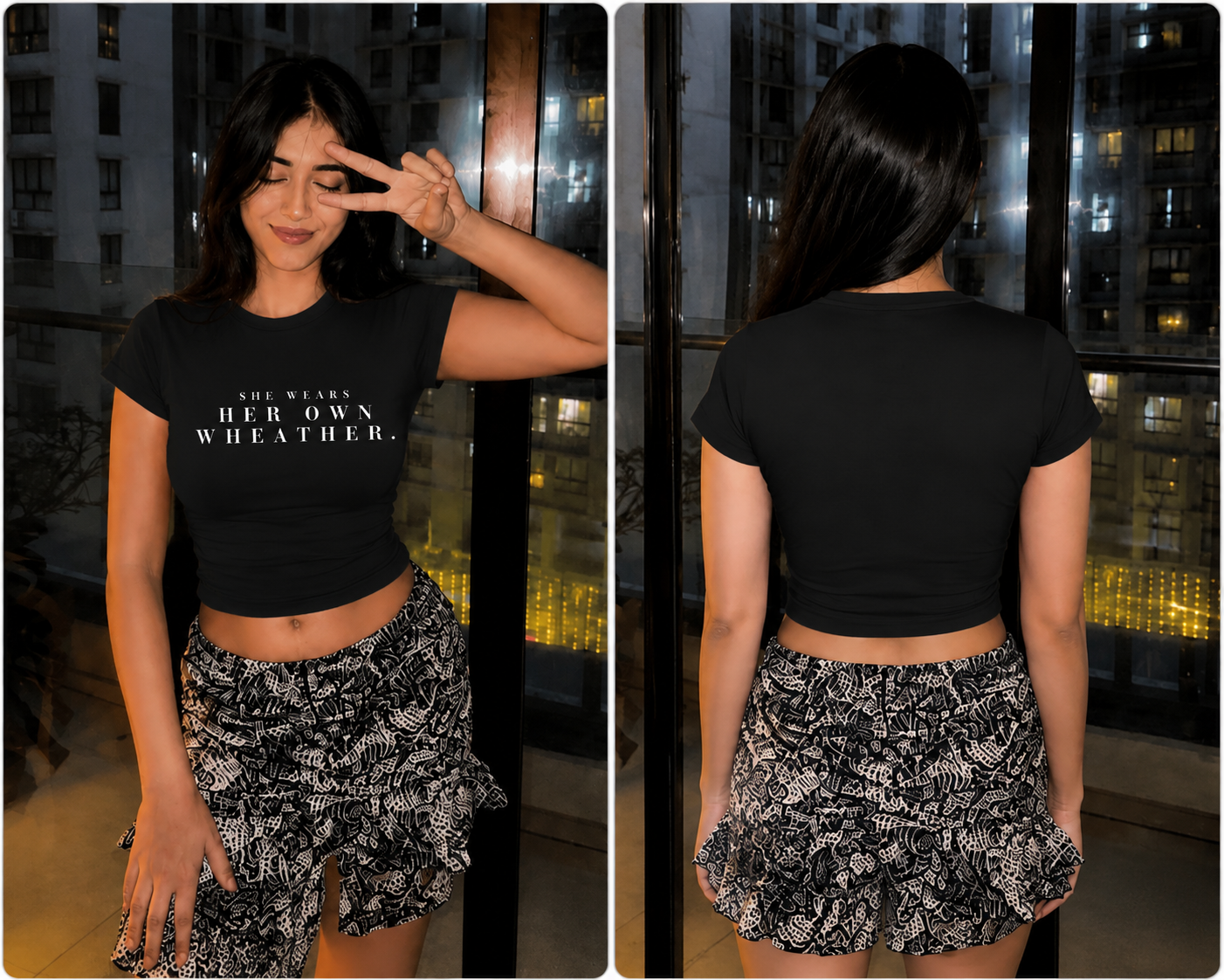 She Wears Her Own Weather – Women’s Black Crop Top