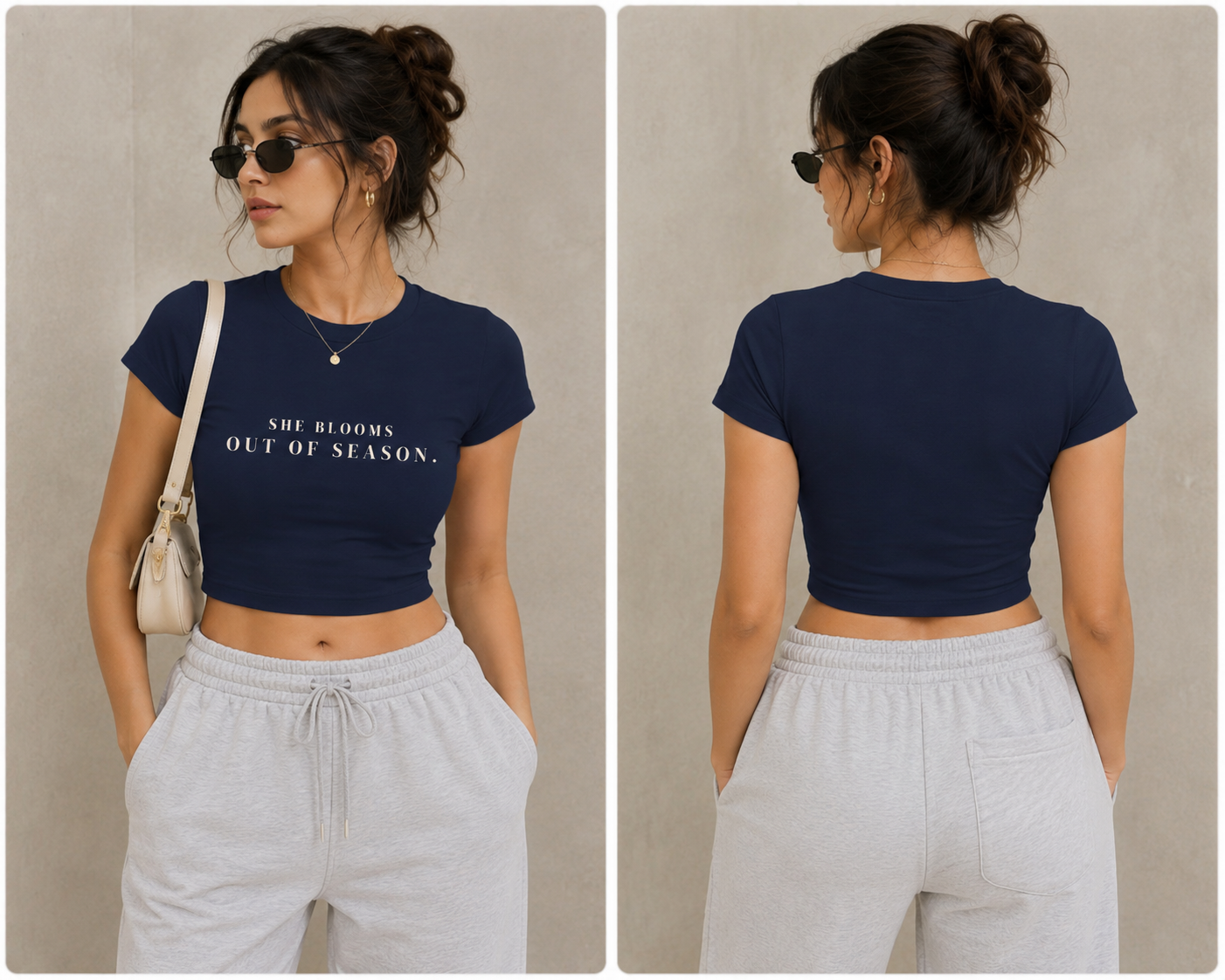 She Blooms Out of Season – Women’s Navy Crop Top