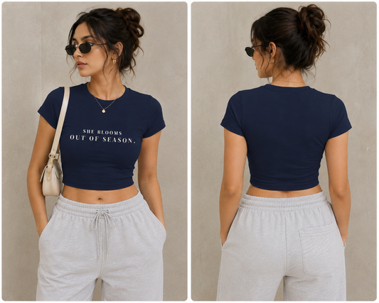 She Blooms Out of Season – Women’s Navy Crop Top